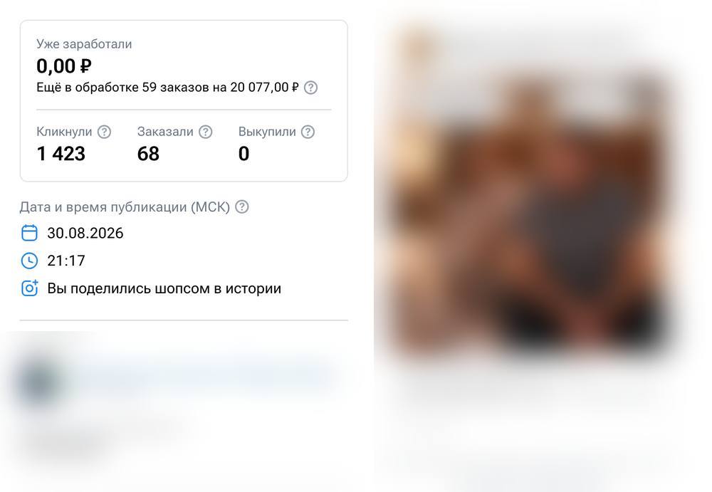 Заявка в кабинете AdBlogger: 20 077 ₽, 1 423 клика · 68 заказов